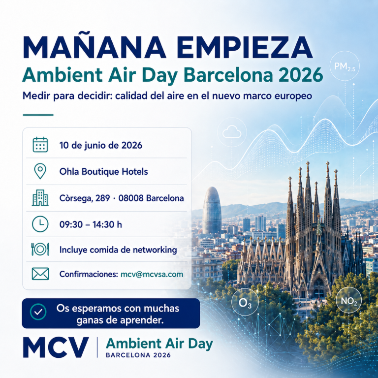 Mañana, 10 de junio, celebraremos el Ambient Air Day Barcelona 2026, una jornada técnica organizada por MCV para hablar de calidad del aire, nuevos indicadores, partículas ultrafinas, gases críticos y retos normativos en el nuevo marco europeo.